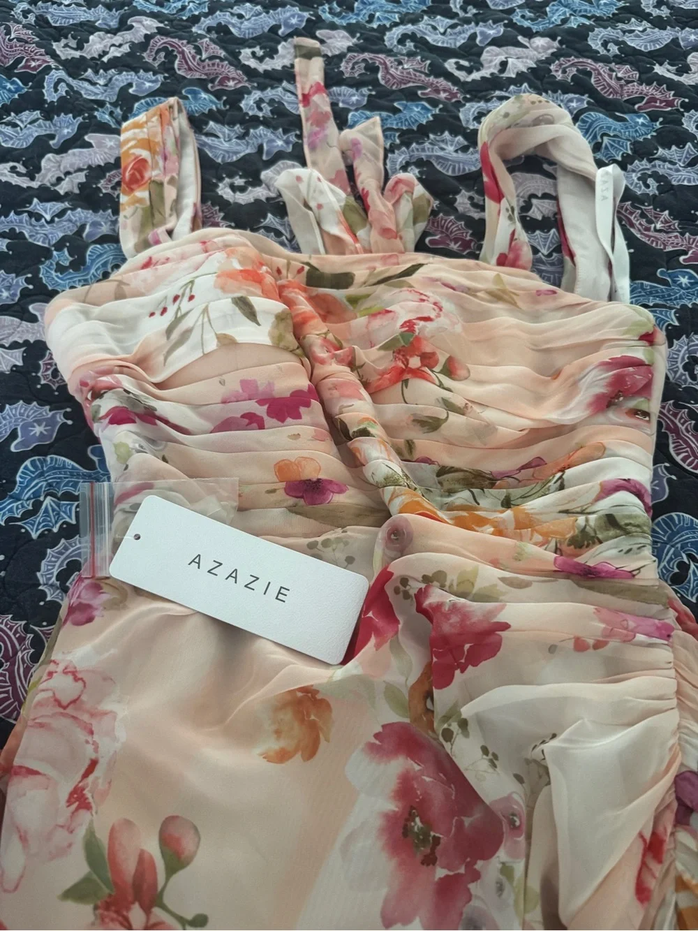 Azazie Abstract bouquet floral sheath bow chiffon Maxi dress